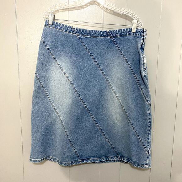 Vintage Y2K H&M Denim Washed Out Diagonal Stitching Boho Knee Length Skirt 14 - Picture 1 of 6